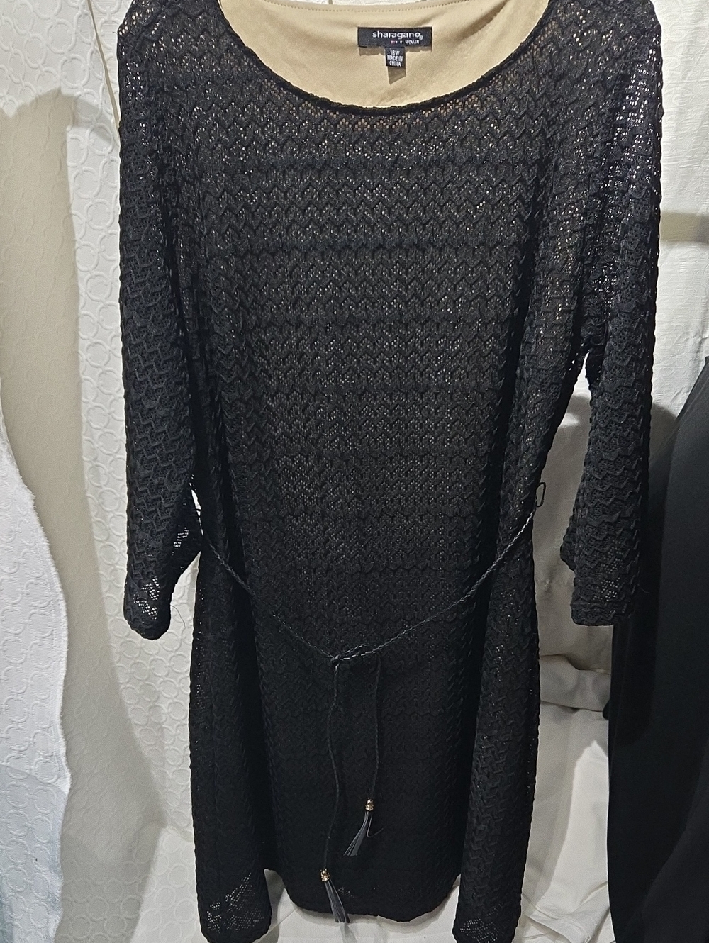 Sharagano Black Crochet Tie-Waist Long-Sleeve Dress